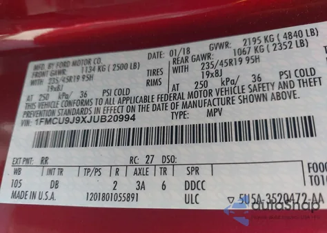 2018 Ford Escape Titanium z USA, uszkodzony, nr VIN 1FMCU9J9XJUB20994